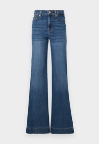 Slitte blå jeans laget av denim, med høy midje, vide ben og en kontrasterende søm langs kanten. Klassisk fem-lommersdesign.