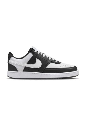 Low-top black and white Nike sneaker with white swoosh, white laces, perforated toe box, and white sole on a white background.