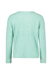 Minzgrüner Pullover mit langen Ärmeln, rundem Halsausschnitt und strukturiertem Muster. Die Rückseite ist glatt, hat eine lässige Passform und einen weichen Stoff.