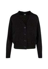 Zwarte gebreide cardigan met een V-hals, vijf knopen aan de voorkant, geribde zoom en manchetten, en een kort ontwerp. Zachte textuur met een casual stijl.