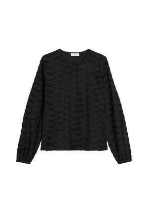 Zwarte longsleeve shirt met ronde hals, knoopsluiting, textuurstof met een golvend patroon en gesmokt manchet.