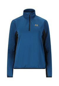 Sininen kvartzip-pullovi, jossa on mustat sivupaneelit, varustettuna kullanvärisellä "FZ"-logolla rinnassa, valmistettu sileästä, kevyest ä kankaasta.
