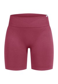 Shorts compressivi bordeaux lunghi fino al ginocchio con una cintura ampia e rigata e una texture liscia, caratterizzati da un design semplice e pulito.