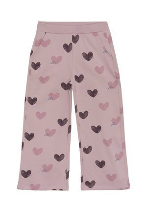 Ljusrosa tygbyxor med breda ben, prydda med mörka och ljusa hjärtformationer samt textdetaljer i en avslappnad stil. Inkluderar sidofickor.