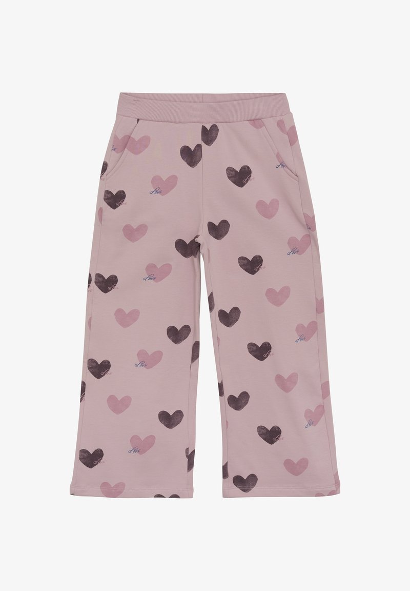 Helle pinkfarbene Stoffhosen mit weitem Beinschnitt, versehen mit dunklen und hellen Herzmustern sowie Textakzenten im lässigen Stil. Enthält seitliche Taschen.