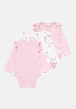 Three long-sleeve baby bodysuits in pink solid, white floral, and pink striped patterns, each with ruffle details on shoulders.