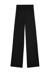 Zwarte wijde broek gemaakt van gladde stof, met een hoge tailleband en zonder zichtbare sluitingen. Eenvoudig ontwerp met een strakke silhouet.