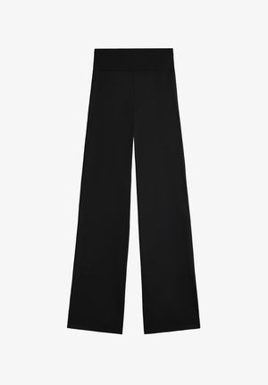 Black wide-leg trousers made of smooth fabric, featuring a high waistband and no visible fastenings. Simple design with a clean silhouette.