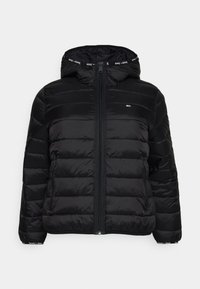 Black puffer jacket with a hood, featuring a zip front, ribbed cuffs, and side pockets. The material has a smooth, shiny texture.