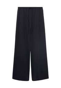 Black wide-leg pants made from a soft, lightweight fabric. Features an elastic waistband with a drawstring for adjustability and comfort.