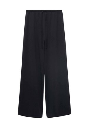 Black wide-leg pants made from a soft, lightweight fabric. Features an elastic waistband with a drawstring for adjustability and comfort.