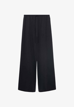 Black wide-leg pants made from a soft, lightweight fabric. Features an elastic waistband with a drawstring for adjustability and comfort.