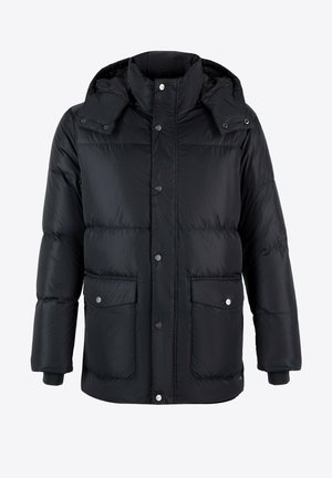 Black puffer jacket with a hood, snap buttons, two front pockets, and ribbed cuffs. Smooth, shiny exterior with quilted texture.