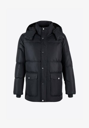 Czarna kurtka puchowa z kapturem, zatrzaskami, dwoma przednimi kieszeniami i prążkowanymi mankietami. Gładka, błyszcząca powierzchnia z pikowaną teksturą.