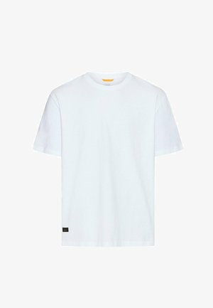 Effen wit T-shirt met korte mouwen en ronde hals, met een klein zwart labeltje nabij de zoom aan de linkerkant.