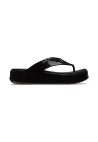 Schwarze Plattformflip-Flops mit glänzender Oberfläche, ausgestattet mit einem dünnen Zehensteg und einer strukturierten Sohle für besseren Halt. Vielseitiges Design, das sich ideal für die Freizeitgestaltung eignet.