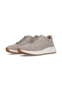 Light gray suede sneakers with a white midsole and tan rubber outsole. Includes beige laces and a blue accent at the heel.