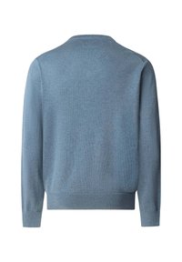 Lichtblauwe gebreide trui met lange mouwen, geribbelde manchetten, zoom en ronde hals, gezien van achteren tegen een witte achtergrond.