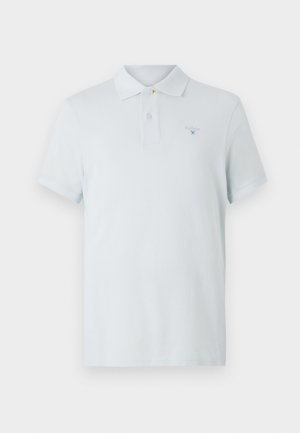 Light blue polo shirt made of cotton, featuring a two-button collar, short sleeves, and a small logo on the left chest. Smooth texture.