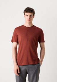 Tricou scurt cu mânecă, de culoare ruginie, dintr-un material moale, cu guler rotund și un accent mic cu logo pe piept, combinat cu pantaloni gri.