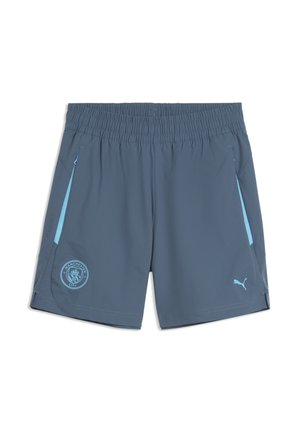Mørkegrå sportsshorts med lyseblå sidelommer, elastisk taljebånd, Manchester City-logo på venstre ben og Puma-logo på højre ben.