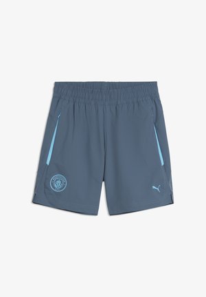 Mørkegrå sportsshorts med lyseblå sidelommer, elastisk taljebånd, Manchester City-logo på venstre ben og Puma-logo på højre ben.