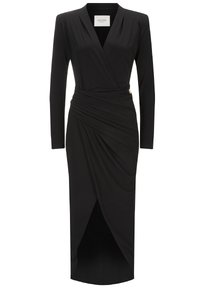 Schwarzes Wickelkleid mit langen Ärmeln, V-Ausschnitt und gerafftem Seitendetail. Verfügt über einen seitlichen Schlitz und einen goldfarbenen Hardware-Akzent auf der Taille.