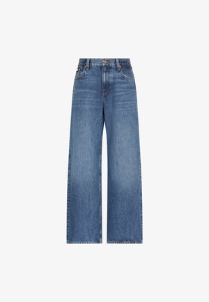 Vaqueros azules de cintura alta con pierna ancha, botón y cremallera frontal, trabillas para cinturón y diseño clásico de cinco bolsillos.