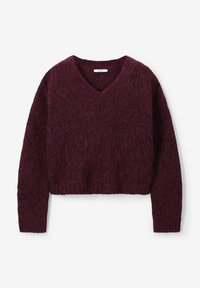 Pull en velours doux de couleur bordeaux profond, avec de longues manches et un col en V, présenté à plat sur un fond blanc.
