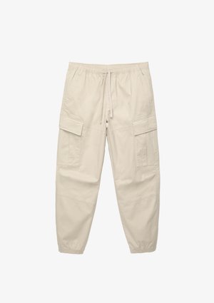 Beige Cargo-Hosen mit elastischem Bund und Kordelzug. Ausgestattet mit zwei großen Seitentaschen und taillierten Bündchen an den Knöcheln.