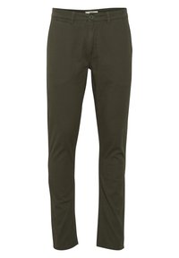 Olive green cotton pants with a straight leg design, featuring a button closure, belt loops, and two side pockets. Smooth texture.