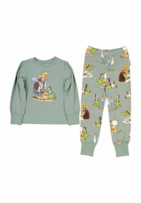Green cotton long-sleeve shirt with a farm-themed illustration, paired with patterned pajama pants featuring various animals and activities.