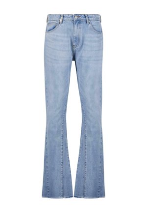 Lyseblå utsvingte jeans laget av denim, med høy midje, fem lommer og en frynset kant med en glatt tekstur.