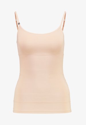 Beige tank top with thin adjustable straps, smooth ribbed texture, and fitted design, featuring a seamless waistline.