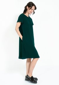 Roșu verde, rochie cu mânecă scurtă, cu o croială lejeră și buzunare laterale. Fabricată dintr-un material ușor, cu o textură fină.