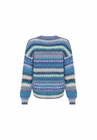 Kootud kampsun erinevates sinistes toonides, millel on triibuline muster tekstuuriga ribadega, ümmargune kaelus ja soonikkoes varrukad ning hem.