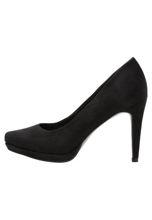 Black suede high-heeled pump with a rounded toe, a sleek silhouette, and a slender stiletto heel, featuring a smooth texture.