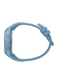 Reloj de silicona azul con una caja redonda texturizada, dos botones de pulsación y una correa ajustable que presenta un diseño de hebilla elegante.
