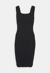 Abito bodycon nero a coste con scollatura quadrata, design senza maniche e dettagli delle cuciture verticali per una silhouette aderente.