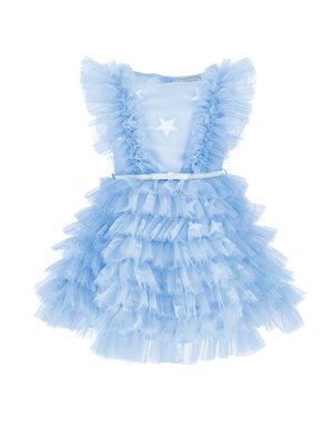 Abito azzurro chiaro con corpetto arricciato e gonna in tulle a strati. Motivo a stelle sul corpetto con vita aderente.