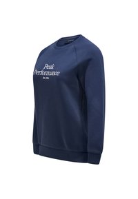 Marineblauwe sweatshirt van katoenmix, met ronde halslijn, geribde mouwen en onderrand, met witte geborduurde tekst "Peak Performance Est. 1986."