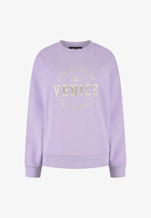 Lavendelkleurige sweatshirt met ronde hals, bedrukt met 'Los Angeles 1994 Venice California' in lichtbeige letters en een kleine kersgrafiek boven 'Venice'.