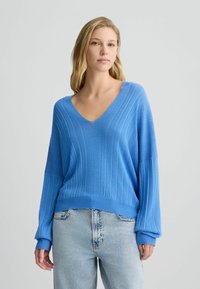 Hele sinine kudum-sweater V-kaelusega, ribakoe ja lõdva lõikega. Omab pikki varrukaid ja sirget äärt. Kanda hele sinine teksapüксidega.