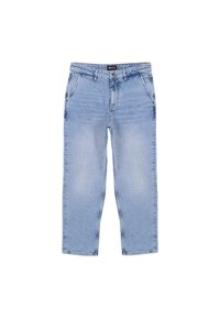 Jeans in denim azzurro chiaro con taglio dritto, cinque tasche e chiusura con zip. Presentano zone sbiadite e dettagli di cucitura discreti.