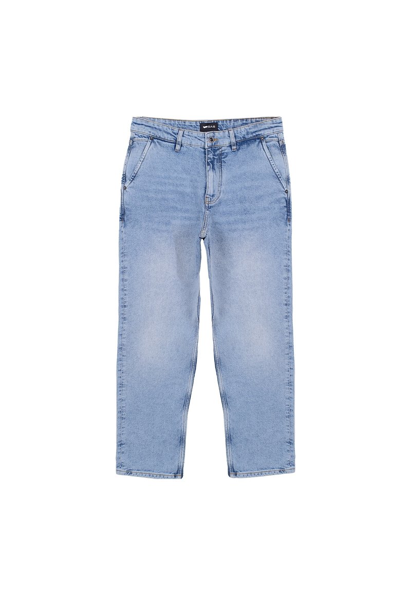 Jeans in denim azzurro chiaro con taglio dritto, cinque tasche e chiusura con zip. Presentano zone sbiadite e dettagli di cucitura discreti.