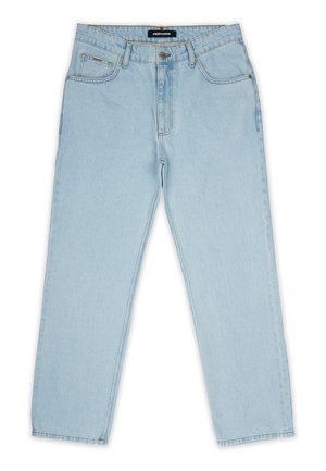 Light blue denim jeans with a straight-leg design, featuring a button and zipper closure, belt loops, and two front pockets.