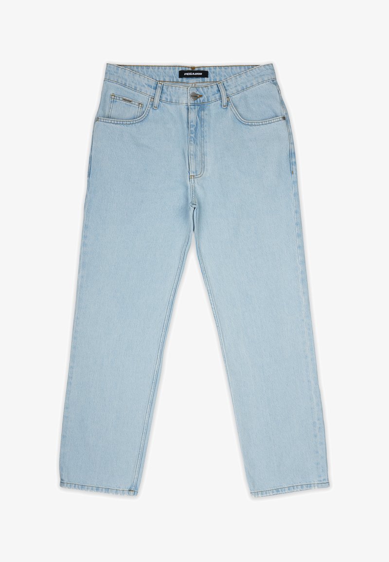 Light blue denim jeans with a straight-leg design, featuring a button and zipper closure, belt loops, and two front pockets.