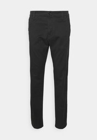 Black cotton trousers with a straight cut, featuring a button closure, belt loops, and front pockets. Smooth texture, classic design.