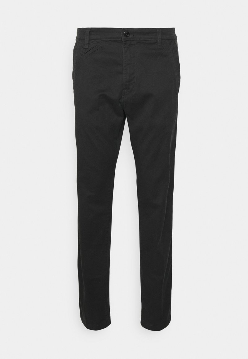 Black cotton trousers with a straight cut, featuring a button closure, belt loops, and front pockets. Smooth texture, classic design.