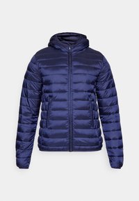 Navyblauwe gewatteerde jas met een rits aan de voorkant, een capuchon en een horizontaal doorgestikte textuur. Glad, lichtgewicht materiaal met voorkruiden.